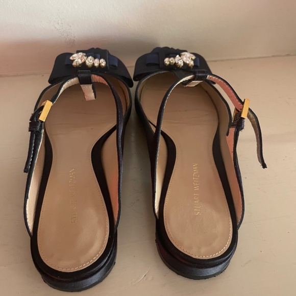 Stuart Weitzman Navy Satin Embellished t-strap flat mule 35.5 - Picture 7 of 12